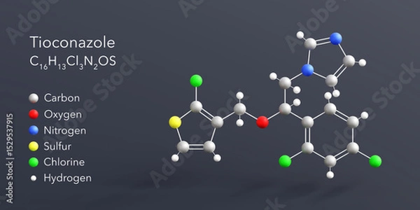Fototapeta tioconazole molecule 3d rendering, flat molecular structure with chemical formula and atoms color coding