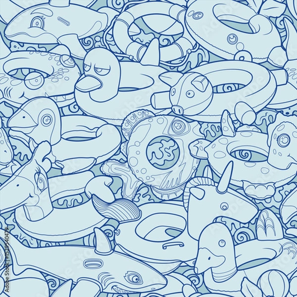 Fototapeta Seamless pattern of line art inflatable swim rings shaped like animals and toys. Fun summer design perfect for kids products, beachwear, wrapping paper, and backgrounds.