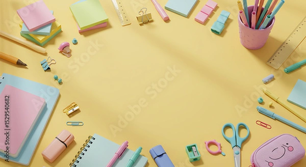 Obraz Creative Stationery Flat Lay: Pastel School and Office Supplies on Vibrant Yellow Background with Copy Space