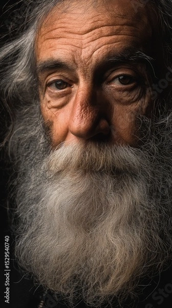 Fototapeta Portrait of an old man with long grey beard, deep wrinkles, face dirty from city life, eyes full of wisdom