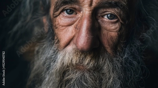 Fototapeta Portrait of an old man with long grey beard, deep wrinkles, face dirty from city life, eyes full of wisdom