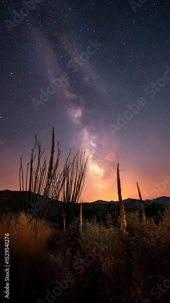 Fototapeta Silhouette of wild desert plants and cacti in the foreground, behind them an explosion of stars, Milky Way