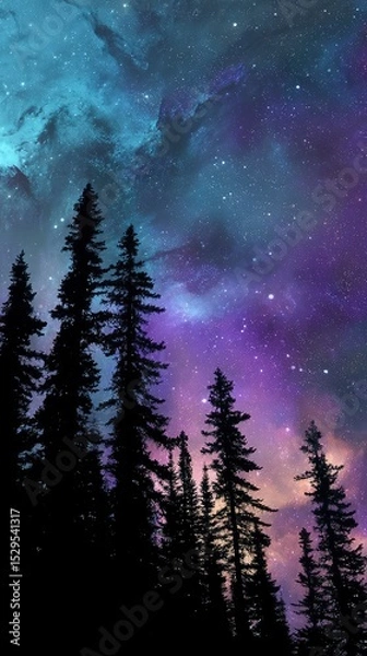 Fototapeta Silhouettes of dense pine trees on a ridge, sharp black against a glowing cosmic sky with swirling nebulas