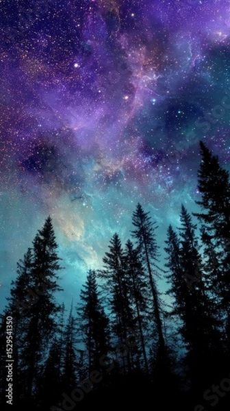 Fototapeta Silhouettes of dense pine trees on a ridge, sharp black against a glowing cosmic sky with swirling nebulas