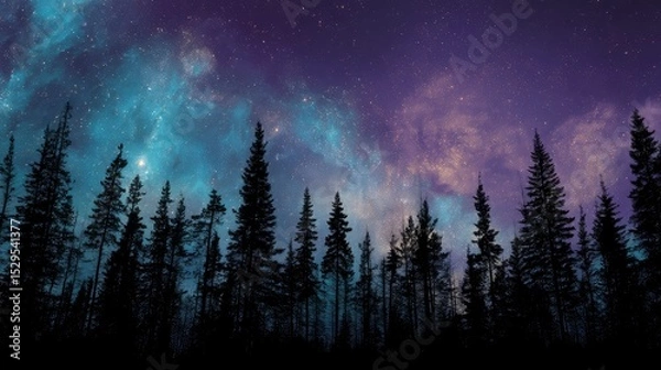 Fototapeta Silhouettes of dense pine trees on a ridge, sharp black against a glowing cosmic sky with swirling nebulas