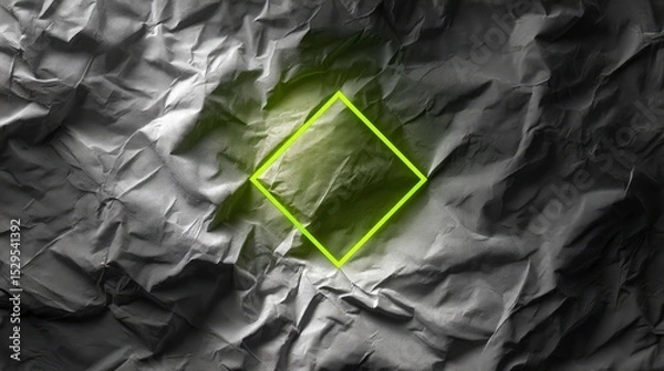 Fototapeta Single neon green square hovering above desaturated crumpled paper texture, soft lighting