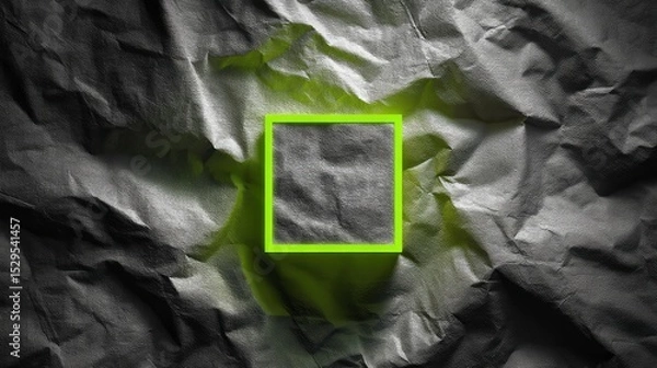 Fototapeta Single neon green square hovering above desaturated crumpled paper texture, soft lighting