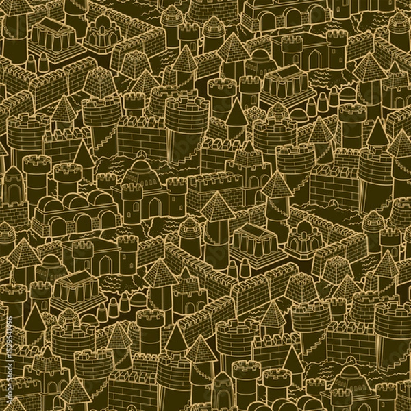 Fototapeta Seamless pattern of detailed sandcastles in various shapes and sizes. Rich golden texture, perfect for summer, beach-themed designs, children’s products, wrapping paper, and backgrounds