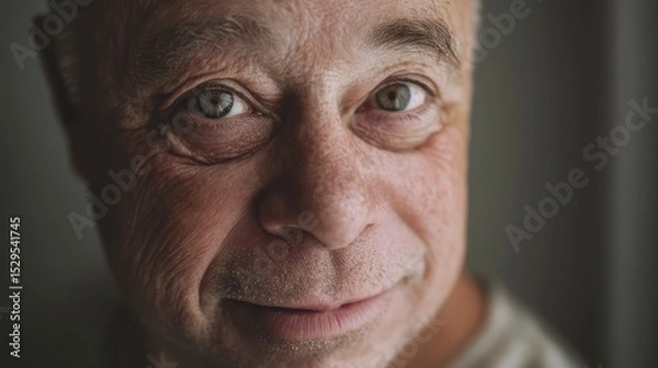 Fototapeta Soft-lit indoor photo of an older man with Down syndrome, close-up facial expression, neutral background