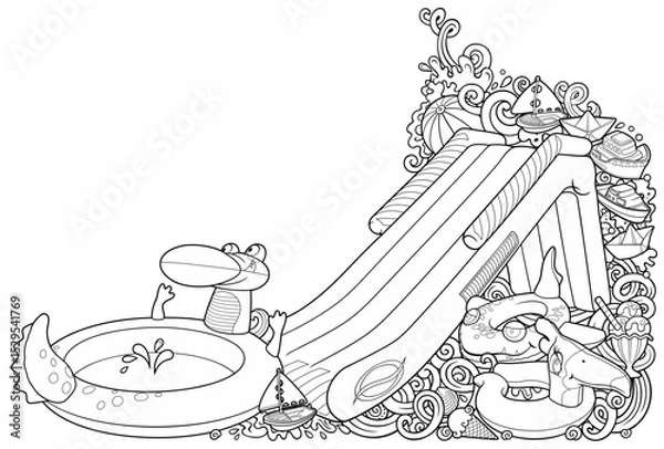 Fototapeta Line art summer beach scene with tents, inflatables, drinks, and accessories. Fun and detailed horizontal illustration ideal for banners, web headers, kids’ themes, and vacation promotions.