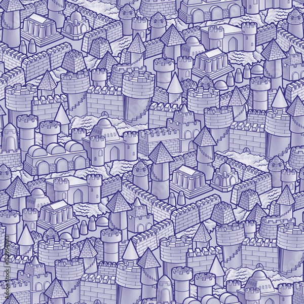 Fototapeta Seamless pattern of detailed sandcastles in various shapes and sizes. Rich golden texture, perfect for summer, beach-themed designs, children’s products, wrapping paper, and backgrounds