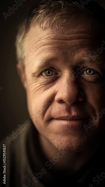 Fototapeta Soft-lit indoor photo of an older man with Down syndrome, close-up facial expression, neutral background