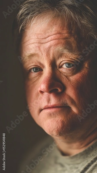 Fototapeta Soft-lit indoor photo of an older man with Down syndrome, close-up facial expression, neutral background
