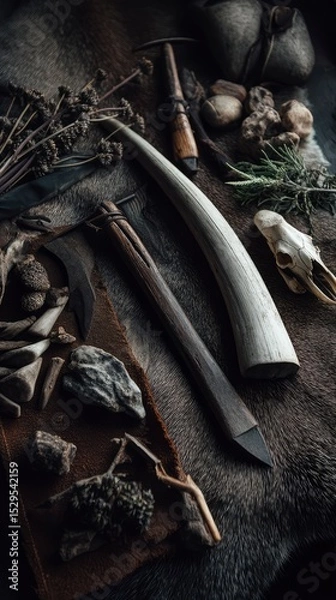 Fototapeta Still life of primitive tools, bones, and dried herbs on animal hide, earthy tones