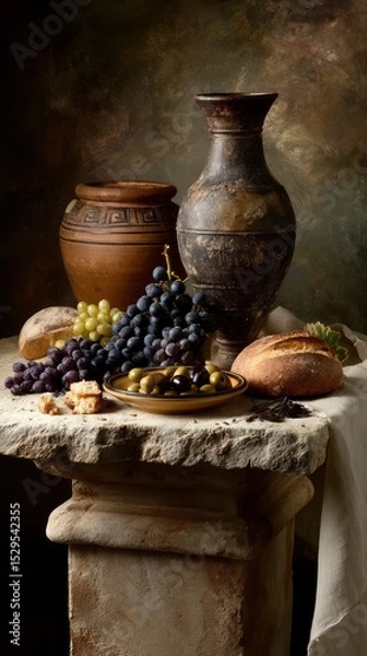Fototapeta Still life with ancient Greek pottery, grapes, olives, and bread on a stone table, soft diffused light