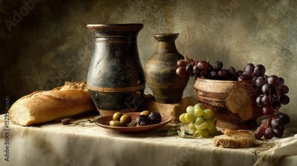 Fototapeta Still life with ancient Greek pottery, grapes, olives, and bread on a stone table, soft diffused light