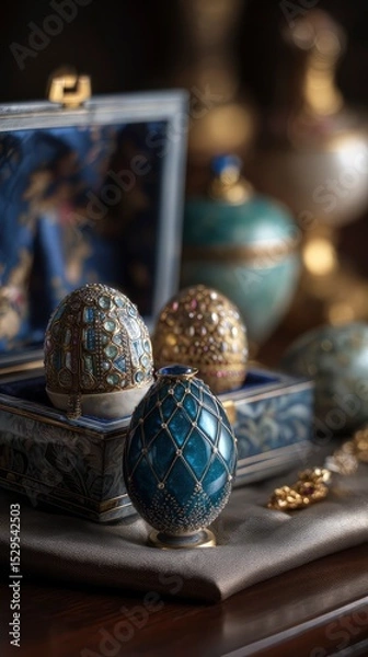 Fototapeta Still life with multiple Faberge eggs in a silk-lined box, jeweled surfaces catching soft light