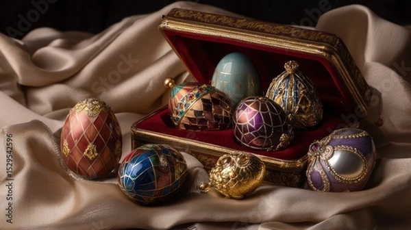 Fototapeta Still life with multiple Faberge eggs in a silk-lined box, jeweled surfaces catching soft light