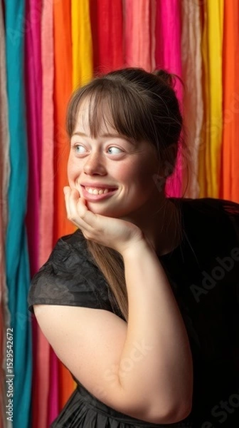 Fototapeta Studio portrait of a woman with Down syndrome, colorful backdrop, professional lighting