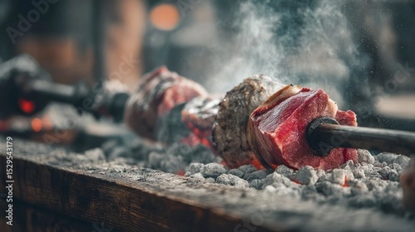 Fototapeta Tightly framed image of raw meat cooking over fire on wooden spit, smoke and ash particles visible