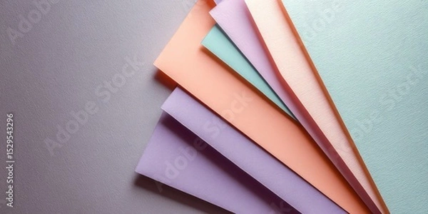 Fototapeta Top-down view of pastel paper sheets layered with geometric composition, soft shadows, copy space