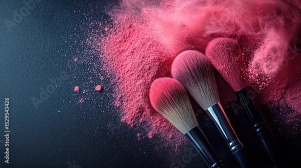 Fototapeta Make up cosmetic brushes with powder blush explosion on black background. Skin care or fashion concept. with copy space on the right side