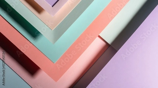 Fototapeta Top-down view of pastel paper sheets layered with geometric composition, soft shadows, copy space