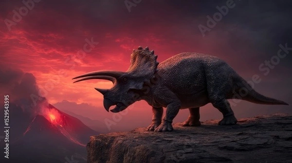 Fototapeta Triceratops standing defiantly on a cliff as volcanic eruption unfolds behind, glowing lava flow, red sky