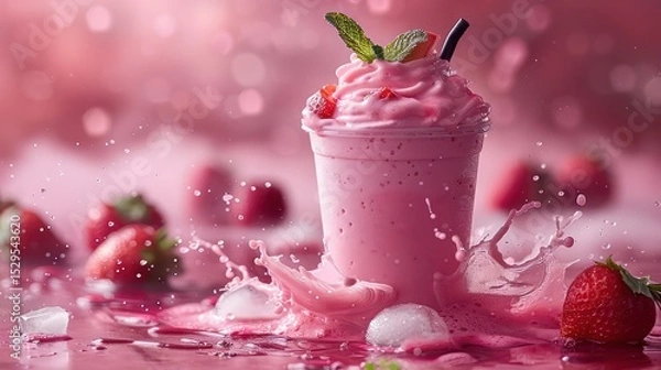Fototapeta Product photo fresh burst strawberry milkshake cup take away with black straw, strawberry , splash ice cube and flying mint, mallow color background, Generated AI.
