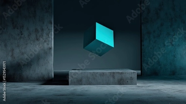 Fototapeta Vibrant cyan cube floating above monochrome abstract surface, sharp shadows, futuristic mood