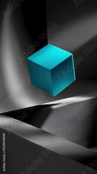 Fototapeta Vibrant cyan cube floating above monochrome abstract surface, sharp shadows, futuristic mood