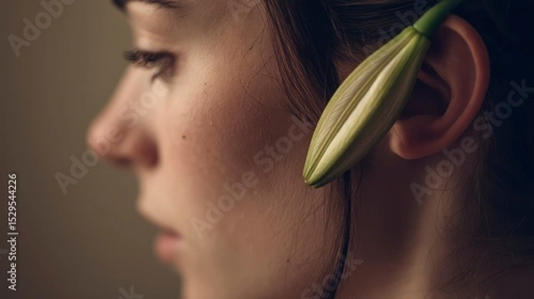 Fototapeta Woman's profile with a lily bud tucked behind her ear, soft focus, warm light, calm and poetic mood