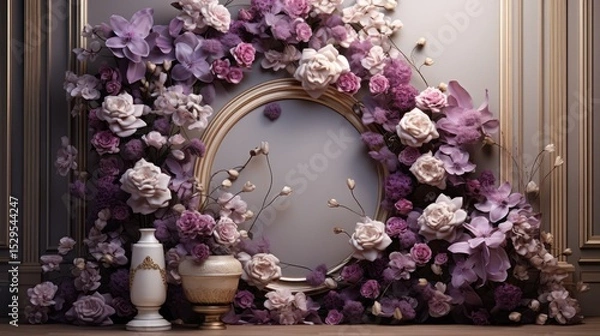Fototapeta realistic looking golden tall 3d modern shaped border with standing on podium, there is a stunning eye catchy real flower arrangement with purple roses and white hydrangies standing besides frame, 