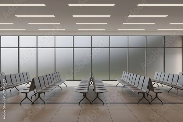 Fototapeta Airport terminal waiting area with seats and large windows view