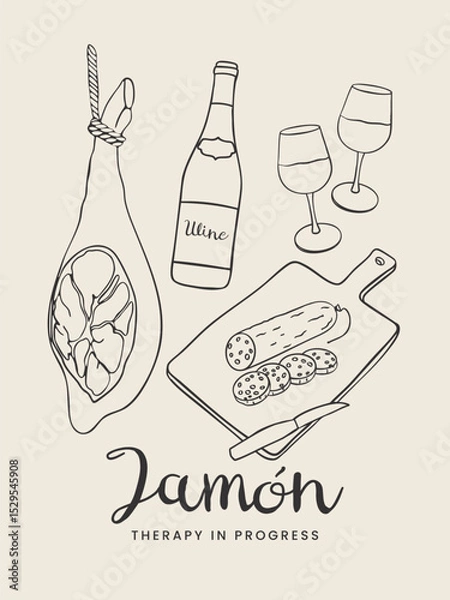 Fototapeta Hand Drawn Food Postcard with Spanish Jamón Ibérico, chorizo and Wine. Vector sketchy line art for wall decor, poster, cover, social media, ads, print, menu design.