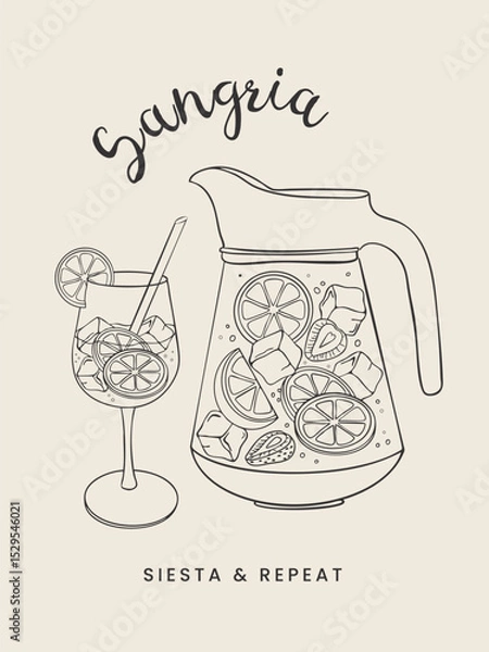 Fototapeta Hand Drawn Sangria Pitcher with Lemon and Orange Slices. Spanish Summer Drink Illustration. Vector sketchy line art for wall decor, card, cover, social media, ads, print, menu design.