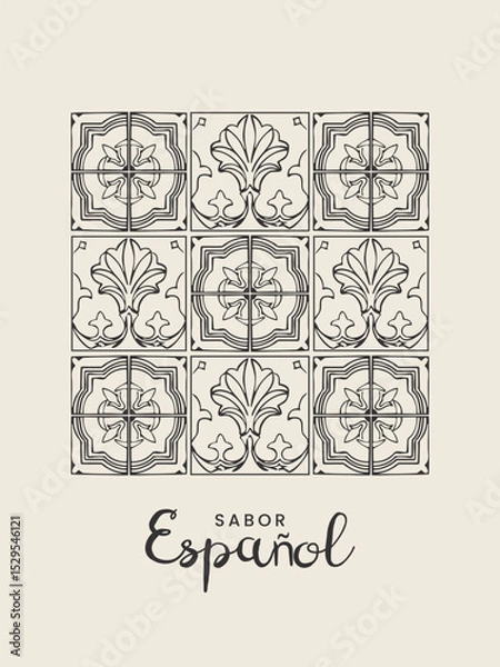 Fototapeta Black and white Hand Drawn Spanish Ceramic Tile Pattern. Vector sketchy line art for wall decor, poster, cover, social media, ads, print, menu design.
