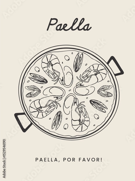 Fototapeta Whimsical postcard with Hand Drawn Paella. Traditional Spanish Food with Seafood in Pan.Vector sketchy line art for wall decor, card, cover, social media, ads, print, menu design.