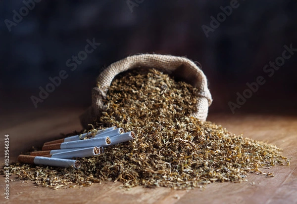 Fototapeta Tobacco sack with heap and few cigarettes on the table, closeup view, soft blur background. Roll-your-own  cigarettes manufacture or making cheaper cigarettes for self.