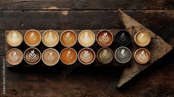 Fototapeta Coffee Flight: A captivating coffee flight on a rustic wooden arrow showcases an array of artfully crafted lattes, each a unique masterpiece of flavor and artistry.
