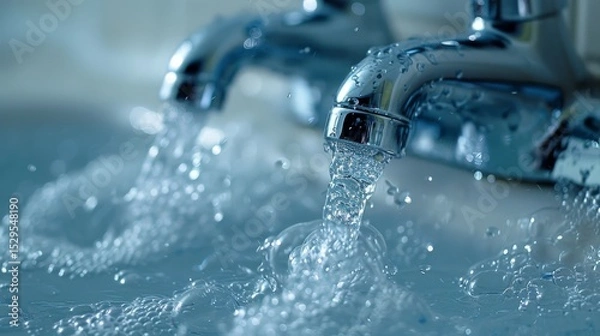Fototapeta Close-up shot of water cascading from stylish faucets, emphasizing the beauty of everyday life and the refreshing quality of water in a modern setting.