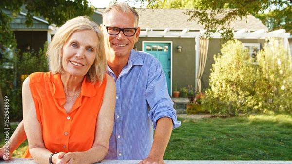 Obraz Portrait Of Smiling Mature Couple At Home Looking Over Back Yard Fence