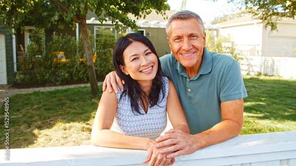 Obraz Portrait Of Smiling Mature Couple At Home Looking Over Back Yard Fence