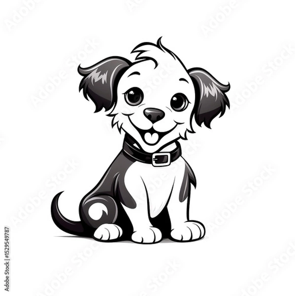 Obraz Cute cartoon puppy smiling illustration, black and white, white background.