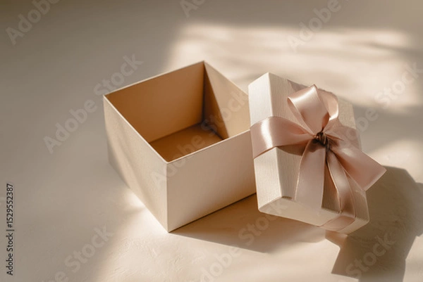 Fototapeta An open, empty gift box with a satin ribbon lid placed beside it on a clean, neutral surface. Soft lighting casts gentle shadows. The composition leaves generous copy space on the right side.