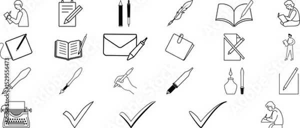 Fototapeta Collection of Writing and Editing Icons Pens, Paper, Books, and Checkmarks