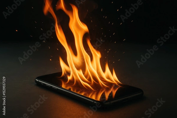 Fototapeta Smartphone catching fire with rising flames and glowing sparks symbolizing battery explosion and electronic device hazard
