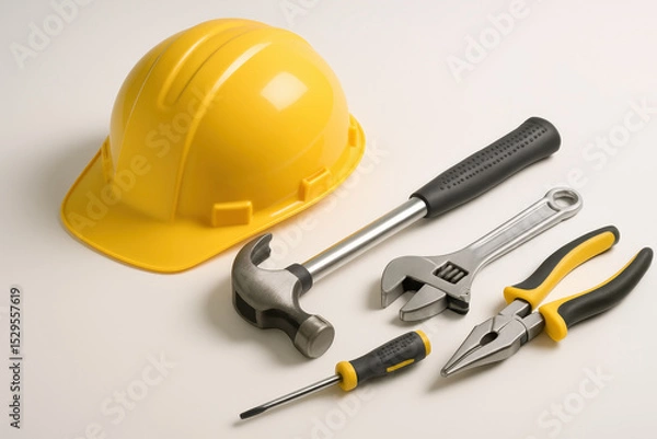 Fototapeta Yellow Construction Helmet With Assorted Hand Tools Displayed On White Background In Studio Lighting