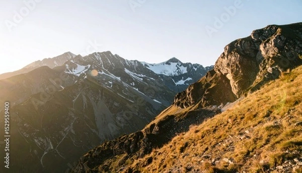 Obraz Majestic mountain range, grassy foreground, snow-capped peaks, sunny sky
