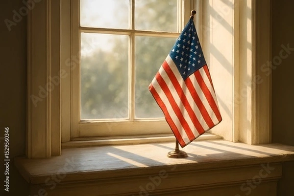 Fototapeta A striking image of the United States flag stands proudly, bathed in natural light by a window. Capturing patriotism and national pride.